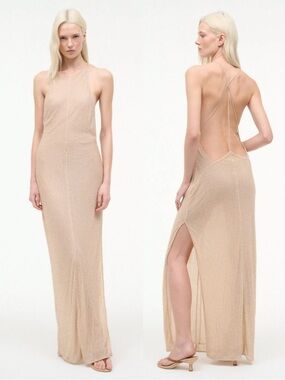 STAUD Rhea Dress Champagne Glass beaded Maci Dress Size 0 NEW! New with tags!